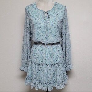 Lyn Burches Blue Ditsy Floral Tie-Neck Shirred Waist Ruffled Mini Dress